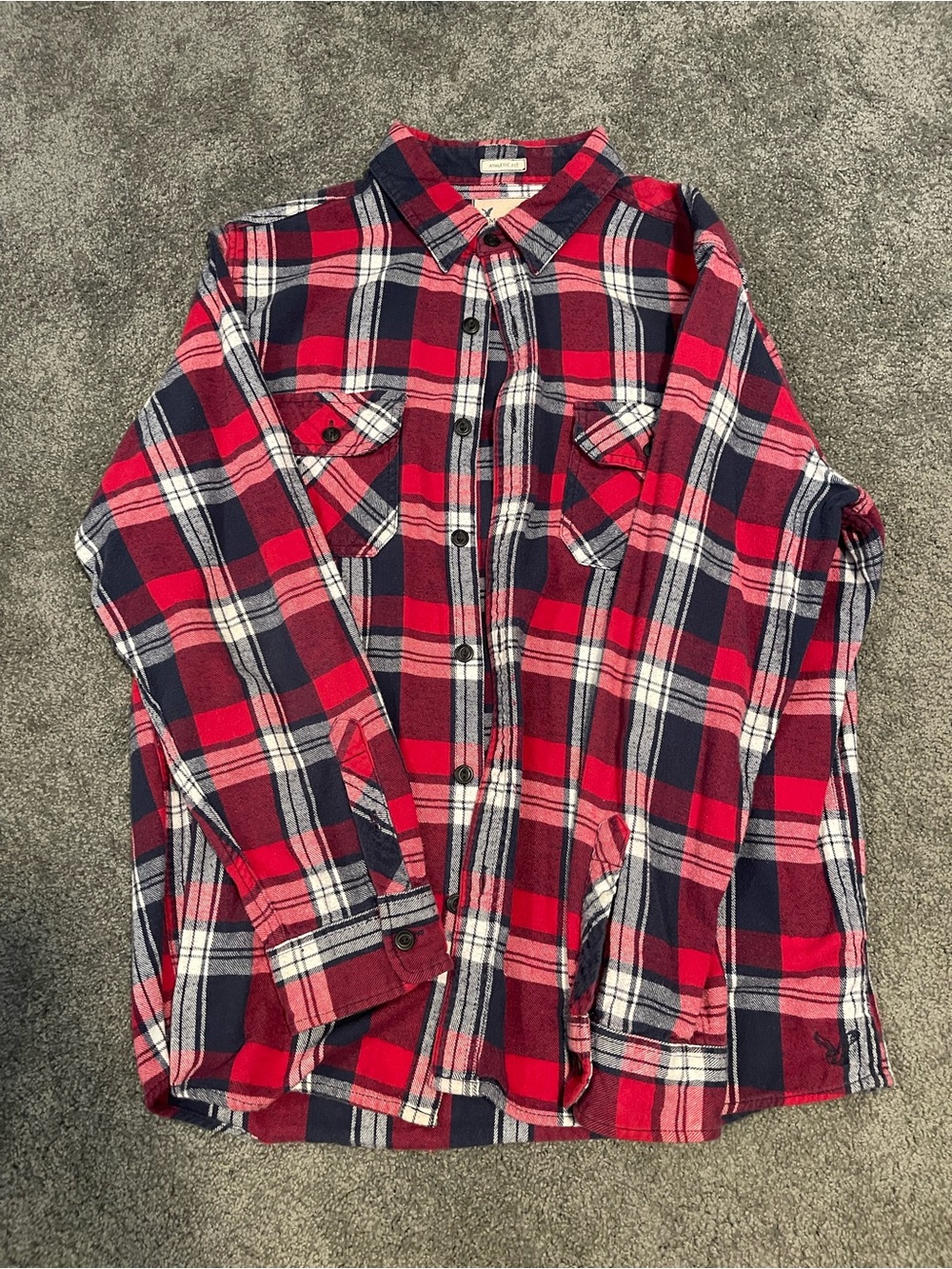 American Eagle Outfitters Red and Navy Plaid Button-Down Shirt